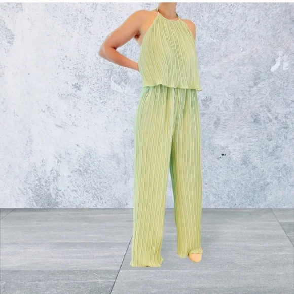 Lulus Women's Lime Green Plisse Sleeveless Wide-Leg Jumpsuit Size L Summwr Chic - Picture 10 of 16